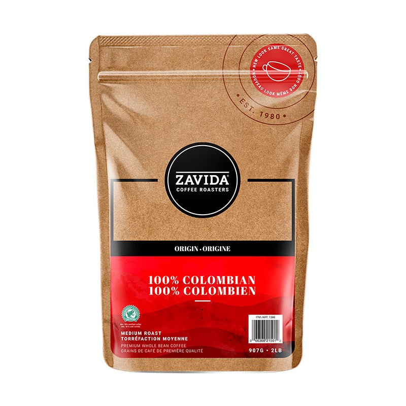 A large bag of whole bean, 100% Colombian Coffee from Zavida Coffee Roasters