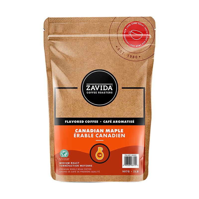 Large format bag of Canadian Maple flavored coffee beans from Zavida Coffee Roasters