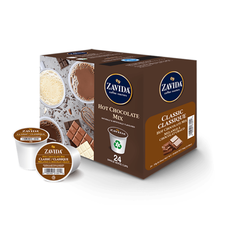 A box of 24 single serve, K-cup compatible Classic Hot Chocolate cups from Zavida Coffee Roasters
