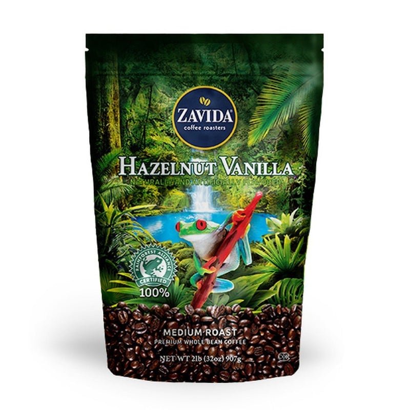 A 2 pound bag of Hazelnut Vanilla flavored Rainforest Alliance whole bean coffee from Zavida Coffee Roasters