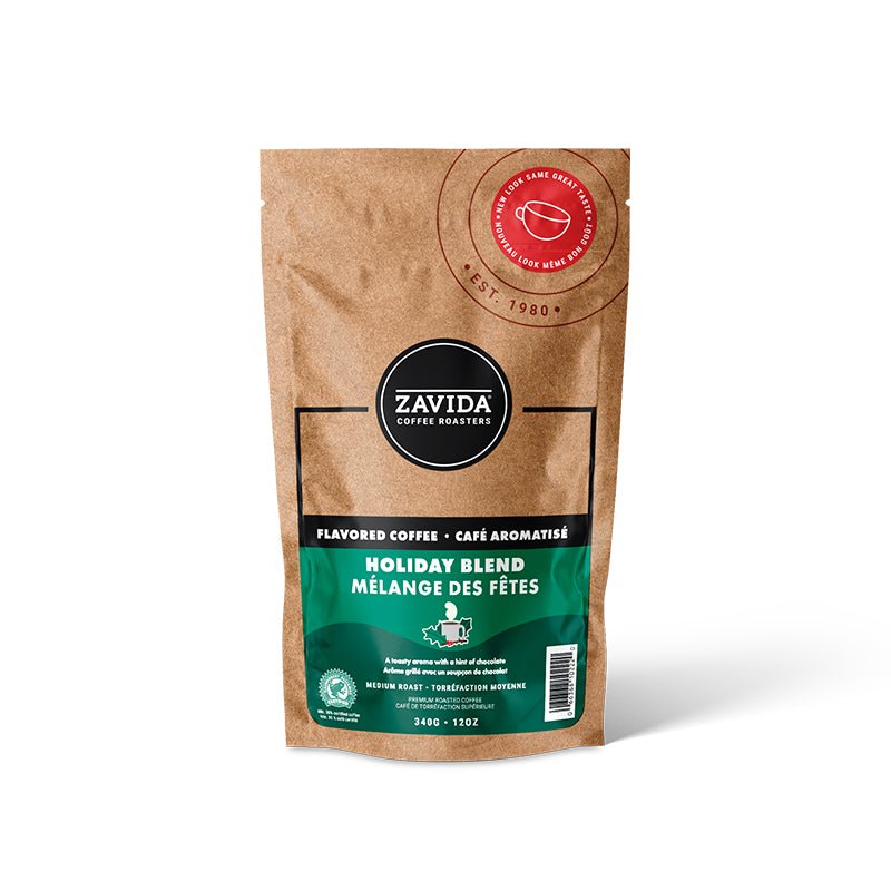 A 12 ounce bag of Holiday Blend flavored coffee from Zavida Coffee Roasters