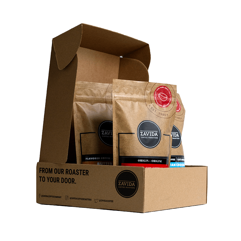 A discovery coffee tasting gift box where you can pick four flavored, single origin or coffee blends, from Zavida Coffee Roasters