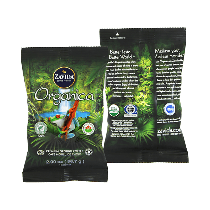 The front and back of a 2 ounce Organica Rainforest Alliance organic coffee pouch from Zavida Coffee Roasters