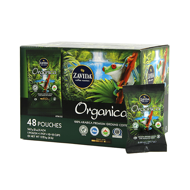 A box of 48 individual 2 ounce Organica Rainforest Alliance organic coffee pouches from Zavida Coffee Roasters