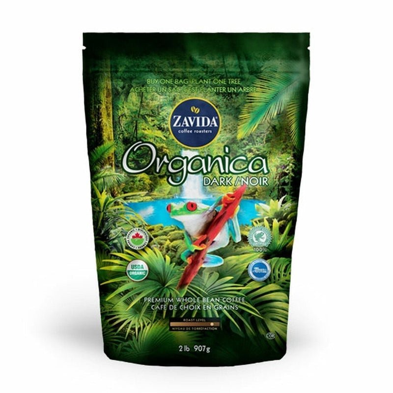 A 2 pound bag of Organica Rainforest Alliance organic dark roast whole bean coffee from Zavida Coffee Roasters