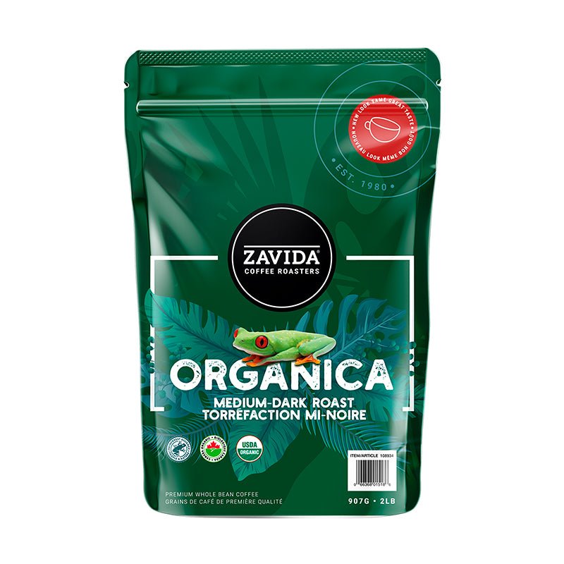 A large format bag of certified-organic and Rainforest Alliance coffee blend from Zavida Coffee Roasters